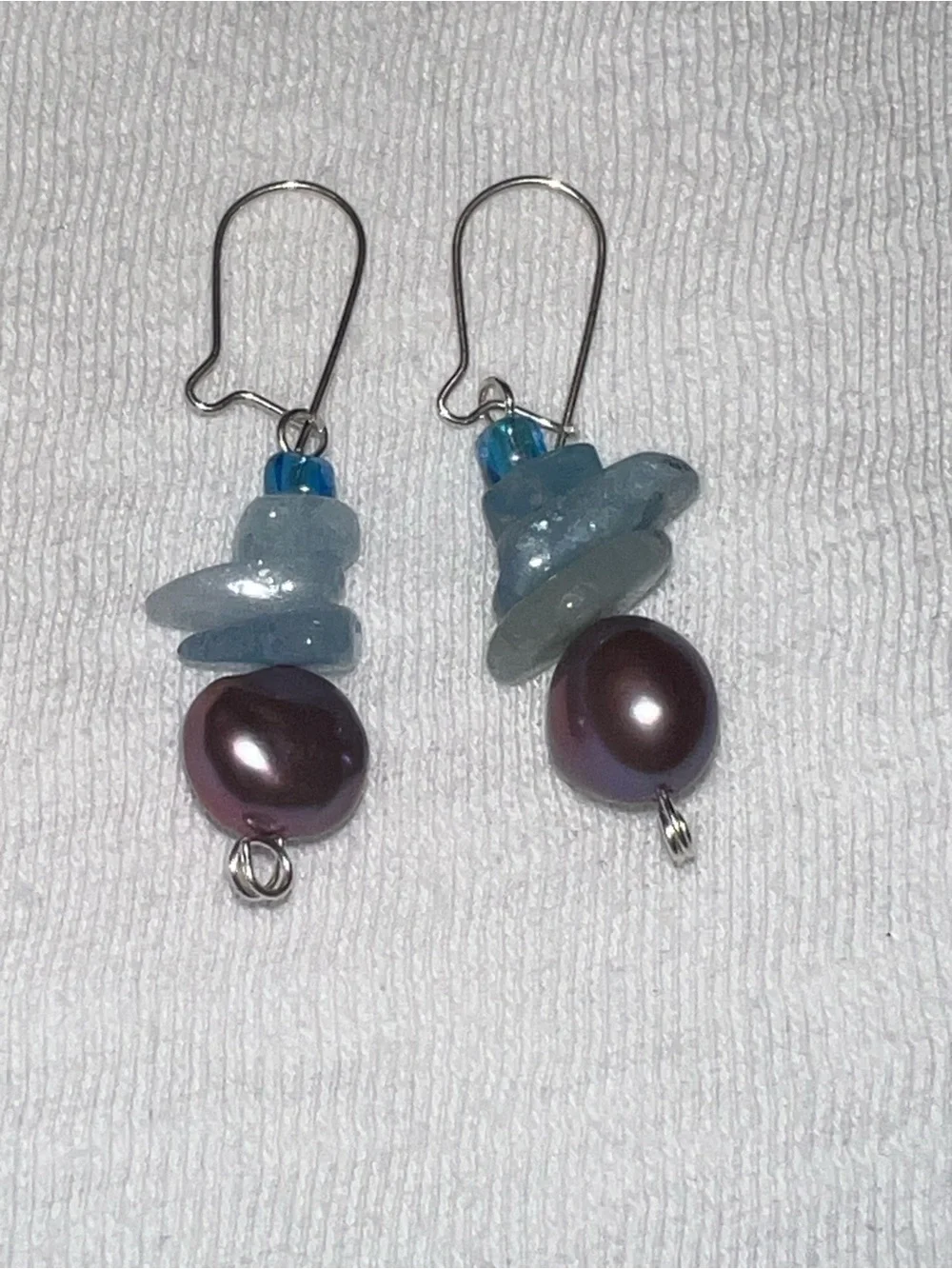 Hand Crafted Blue Glass and Purple Pearl Dangle Earrings